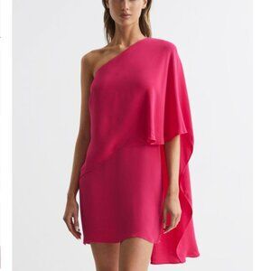 REISS | NWT Blake One Shoulder Chiffon Cape Mini Dress in Bright Pink, Size 2 🇬🇧